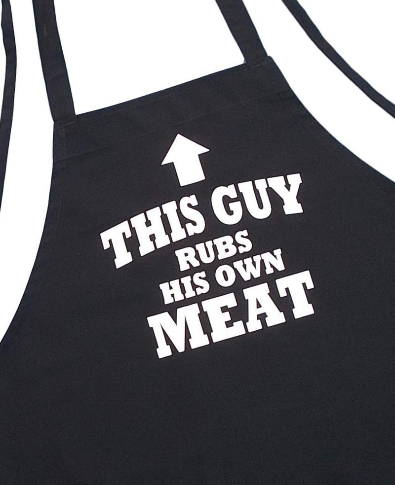 CoolAprons BBQ Apron This Guy Rubs His Own Meat Funny Aprons For Men  Black  Extra Long Ties  One Size Fit All - Image 1